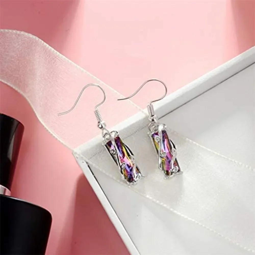 "Colorful Crystal Clear Delicate Silver Plated Colorful Dangle Earrings, VP1008 - Picture 4 of 5